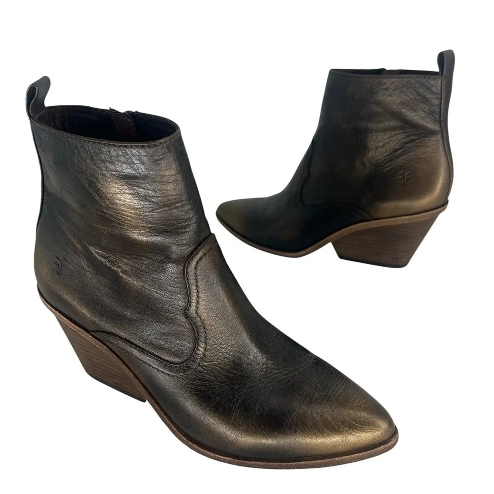 Frye‎ Amado Wedge Ankle Bootie Bronze Brown Leather 7.5